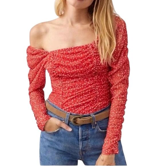 Maeve for Anthro Sheer Mesh Ruched Smocked Top Red Dot Size XL - Picture 1 of 7